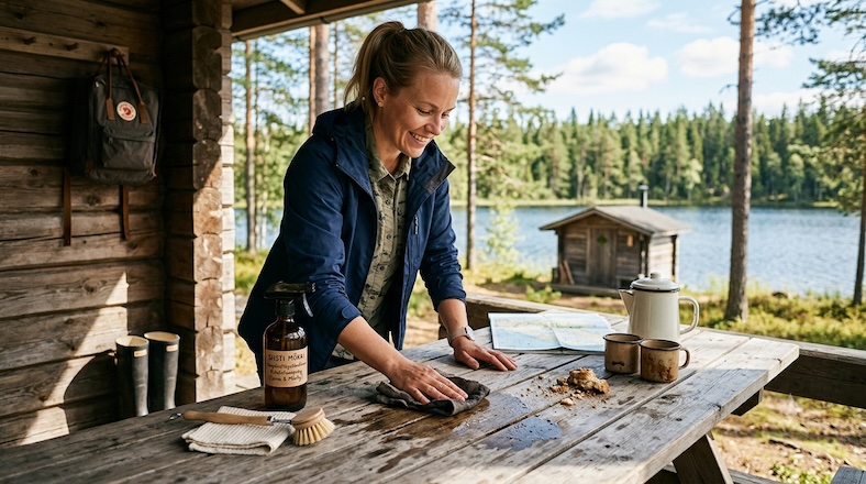Puuna-arkki retkirepussa mökillä järven rannalla